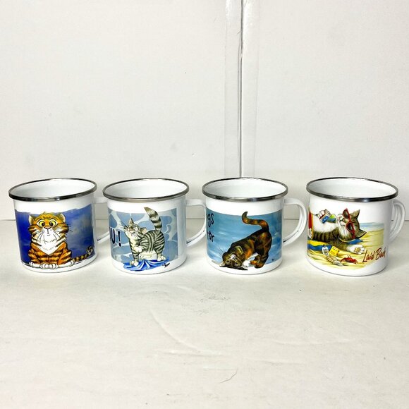 Set of 4 Cute Kittens Enamel Coffee Tea 12oz Mugs Cat Design Camping - Picture 2 of 15
